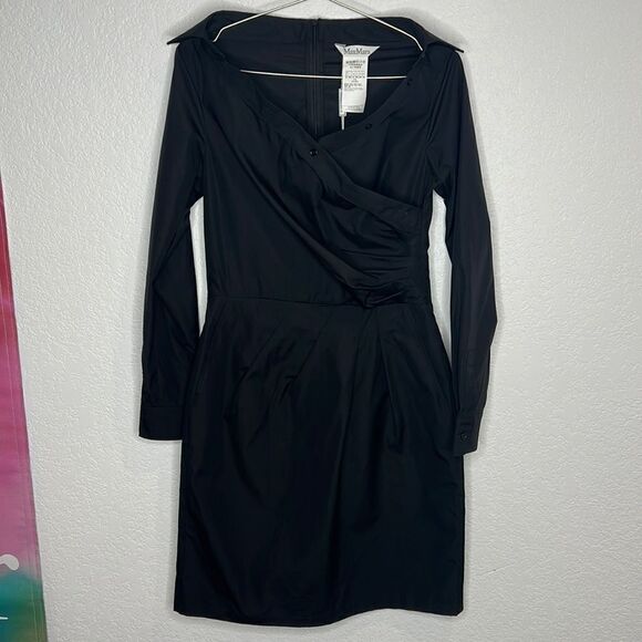 NWT Max Mara Squaw Gathered Cotton Poplin Shirt Dress Black Size 6 - Picture 2 of 16